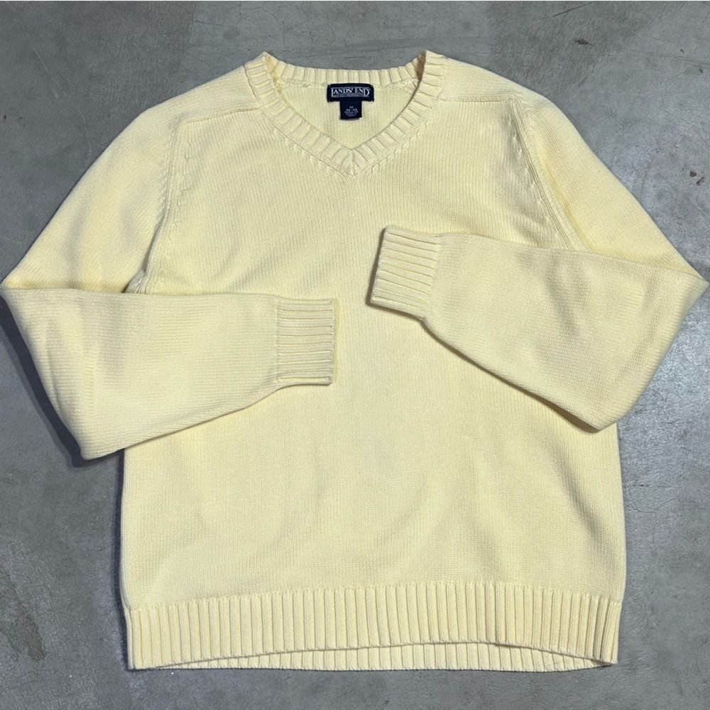 Lands‎ End Yellow Cotton V-Neck Sweater Medium Pullover Heavyweight